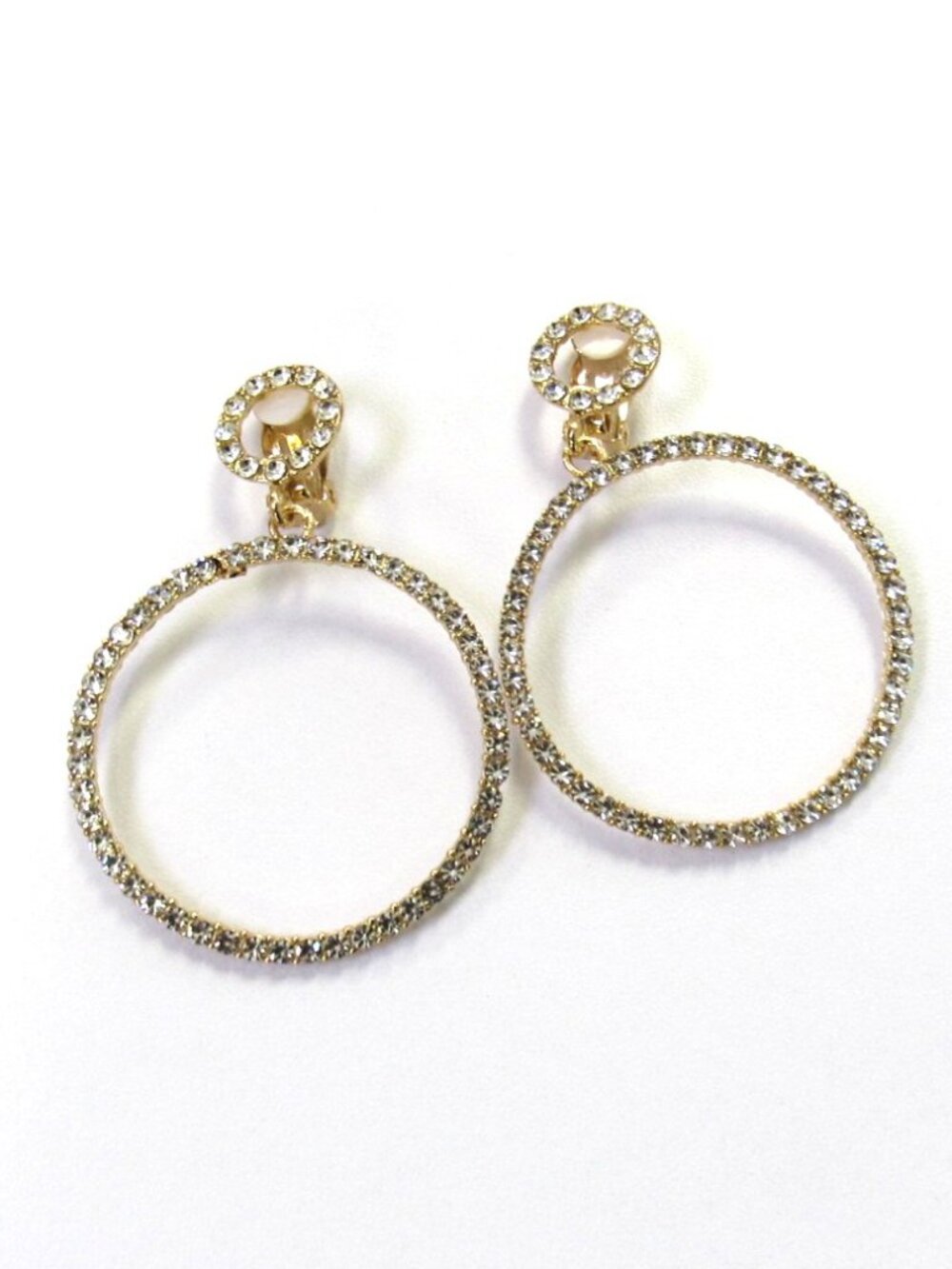 Gold Rhinestone Crystal Open Circle Dangle Drop CLIP ON Earrings Clip-on
